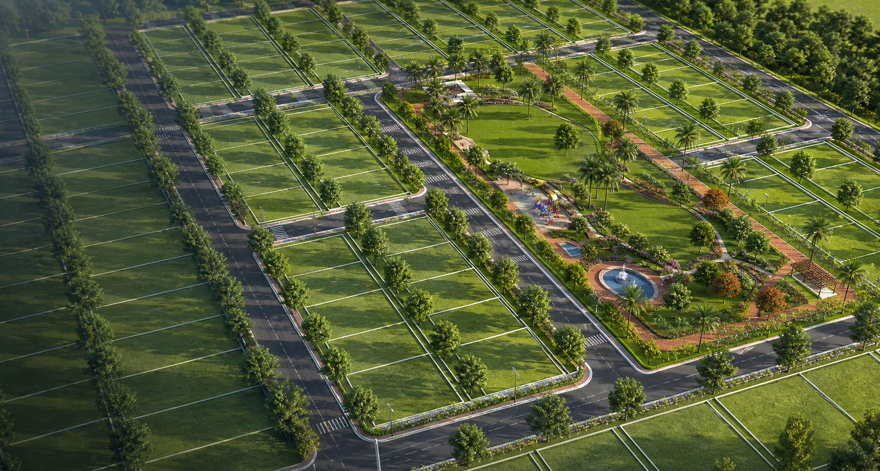 Aerial plot community with central park and play area